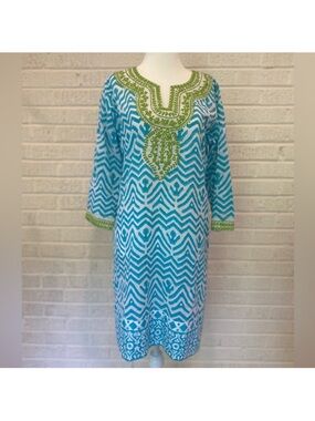 Bella Tu Turquoise and White Embroidered Block Print Tunic Dress